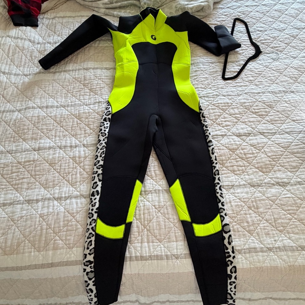 Women's Neon Yellow & Black One-Piece Wetsuit with Leopard Side Panels